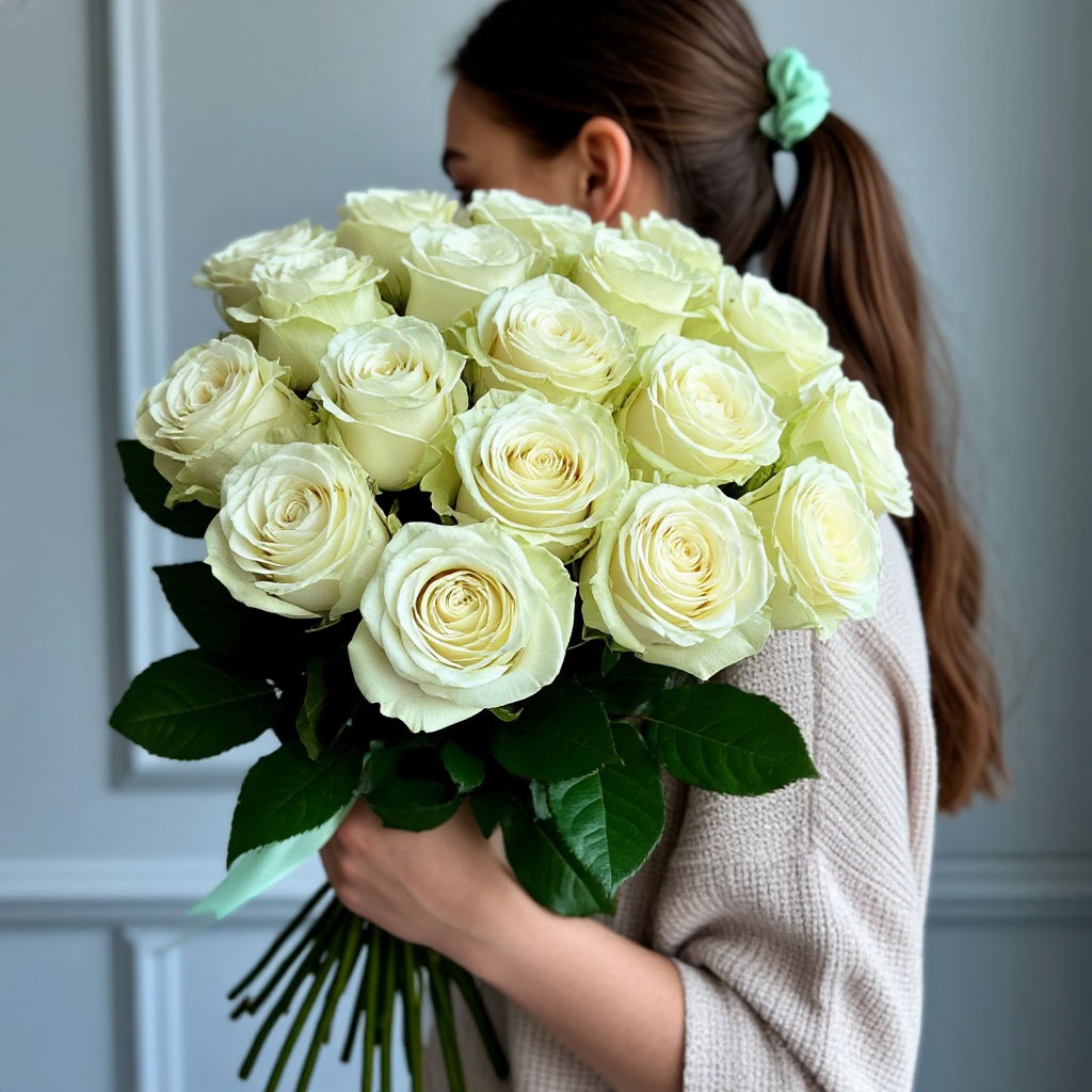 Белые розы 50 см, 21 шт